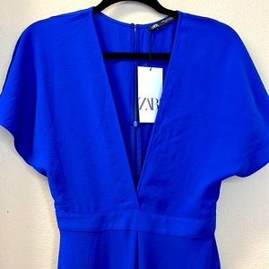 Zara Women’s Long Satin Effect Cobalt Blue Jumpsuit Size XS